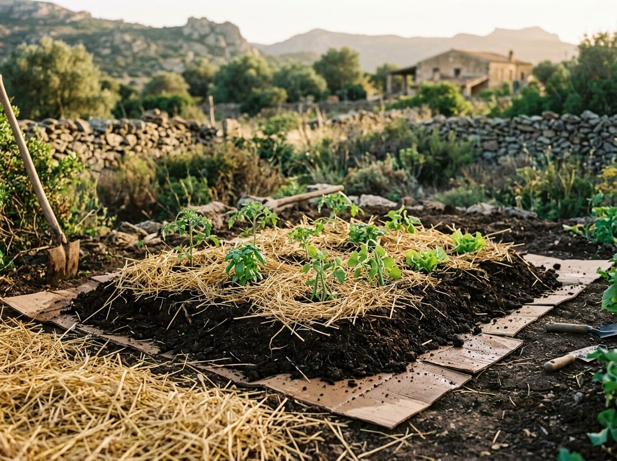 Bed with layers of cardboard, compost and straw around young plants