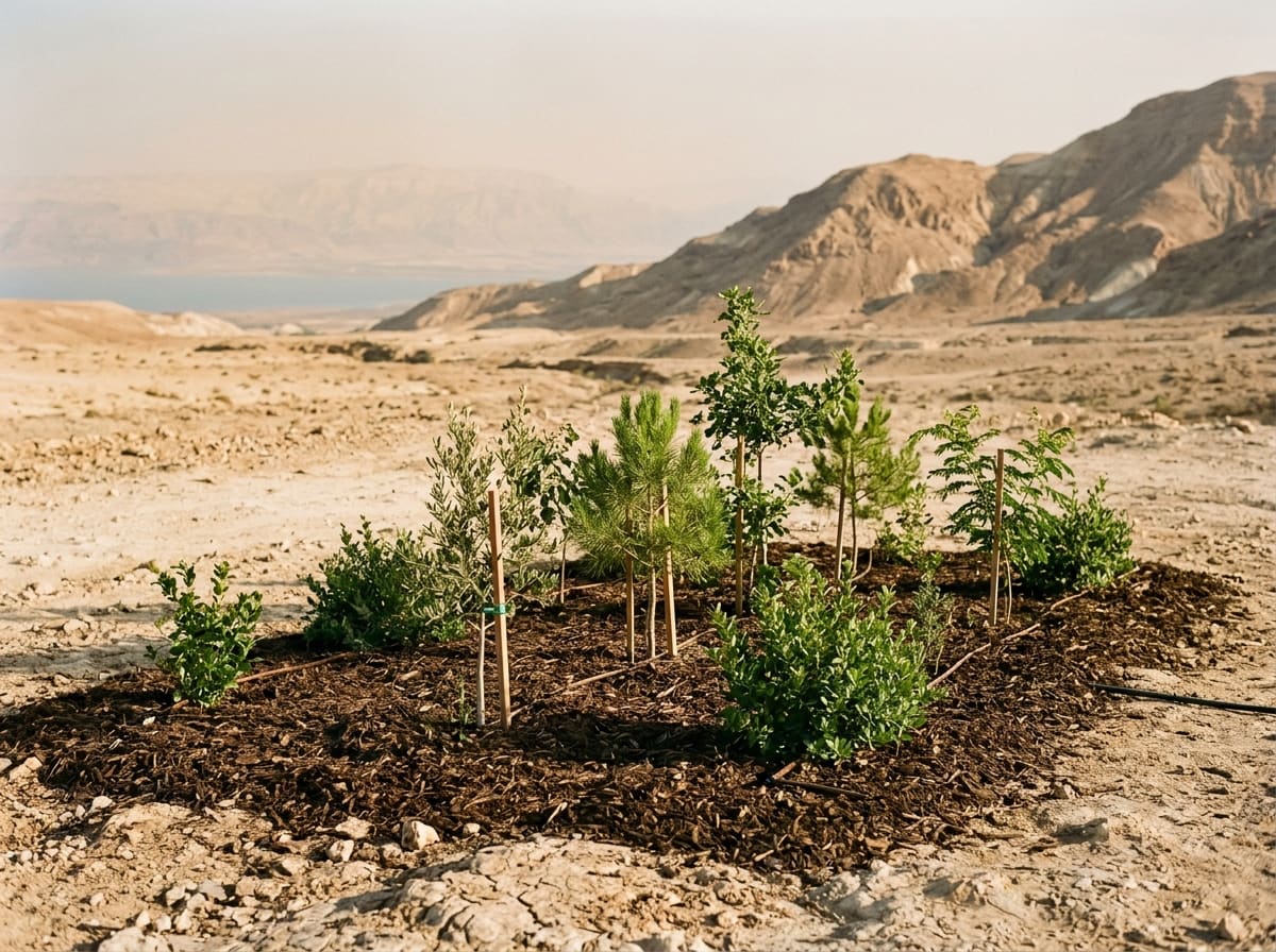 Young trees and shrubs on a mulched patch in the middle of a bare desert landscape