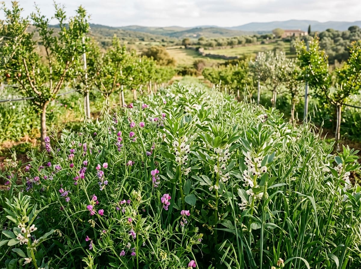 A flowering green manure of faba beans, vetch and oats between young fruit trees