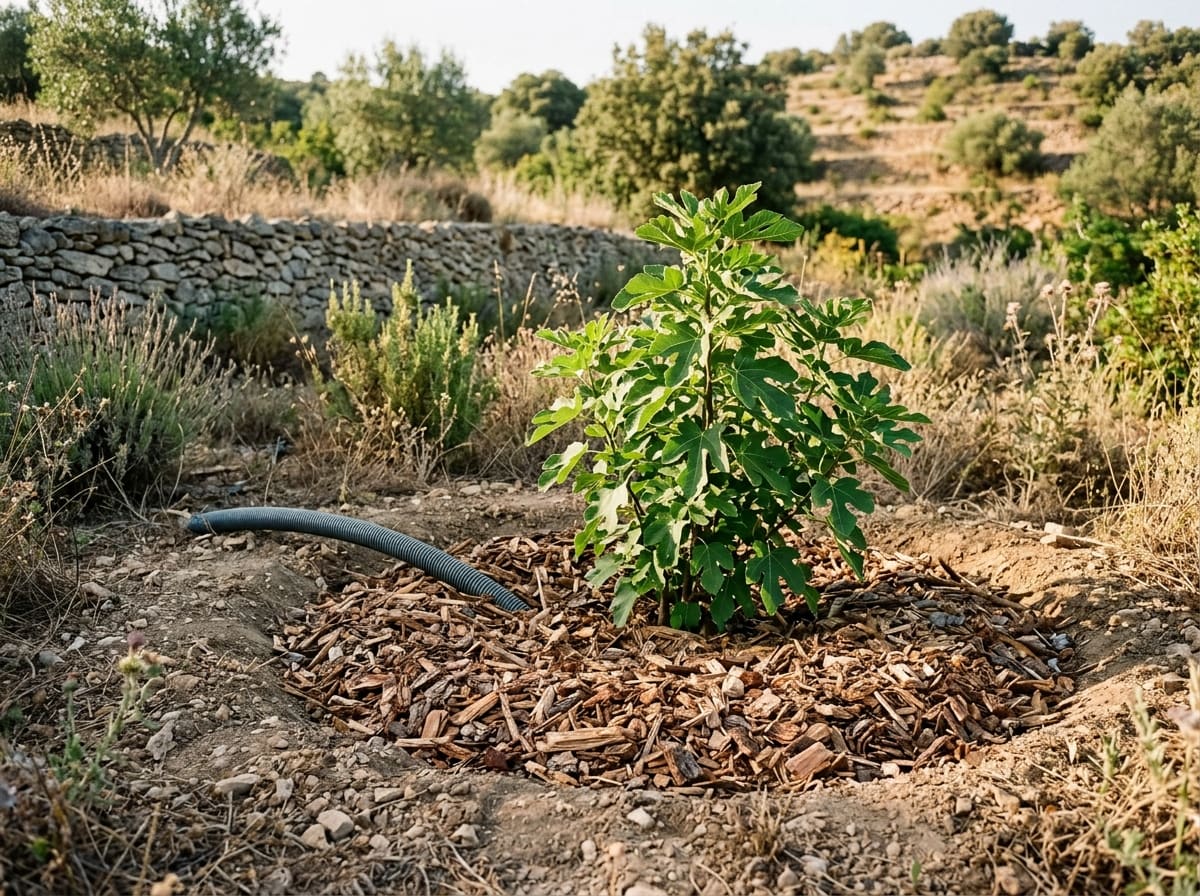 A mulch basin with wood chips under a young fig tree, a greywater pipe disappearing beneath the mulch