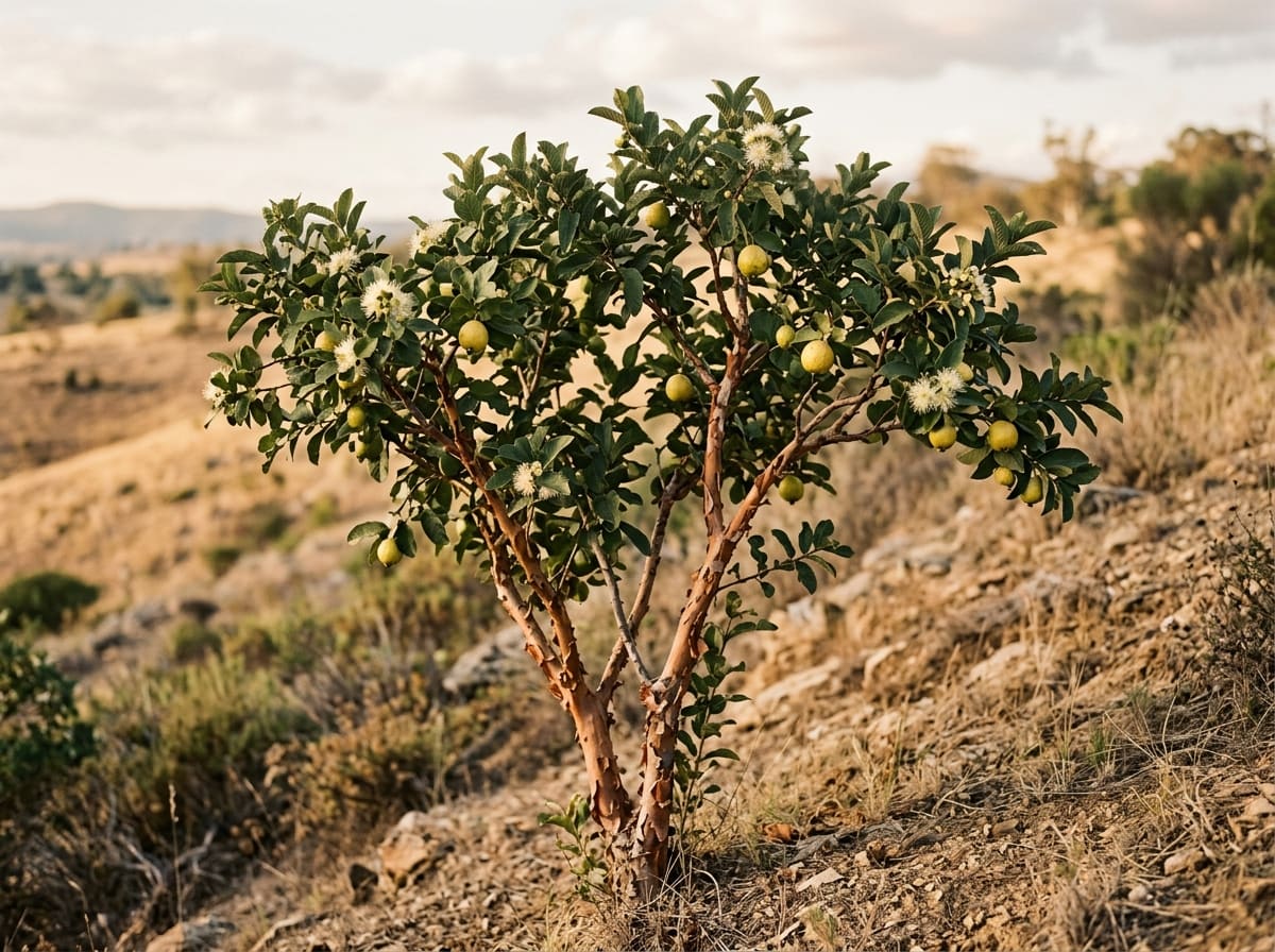 Small guava tree with peeling copper bark, yellow-green fruit and white flowers