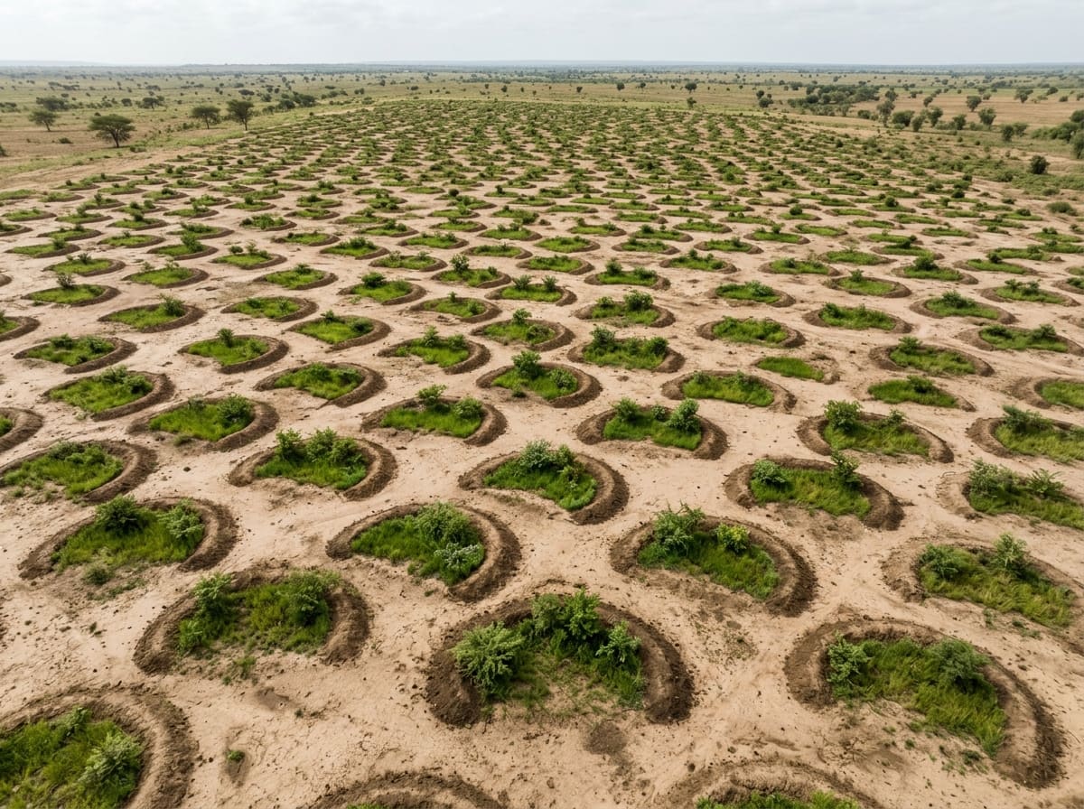 Aerial view of almost level dry rangeland with many half-moons in staggered rows, each with some green inside