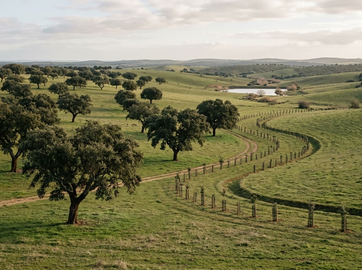 Montado with cork oaks above pasture and young trees planted along a keyline
