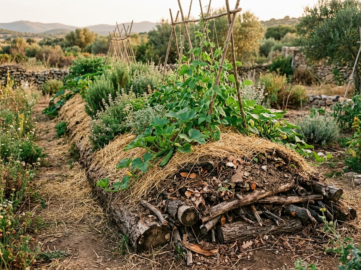 Hugelkultur mound cut open at the end, logs and branches under the soil