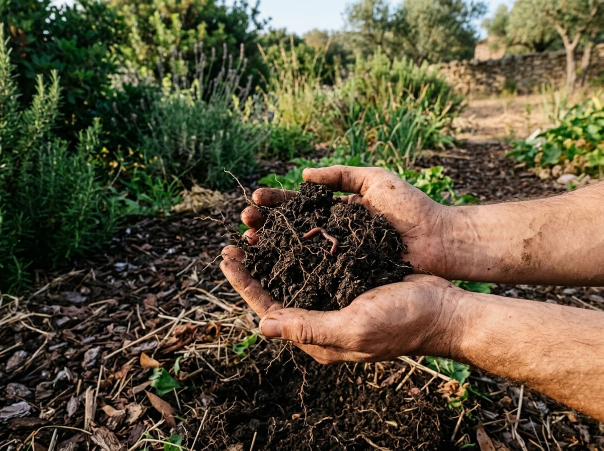 Hands holding dark, crumbly soil with roots and an earthworm