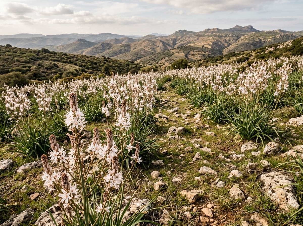 A grazed, stony pasture in spring overrun by flowering asphodel