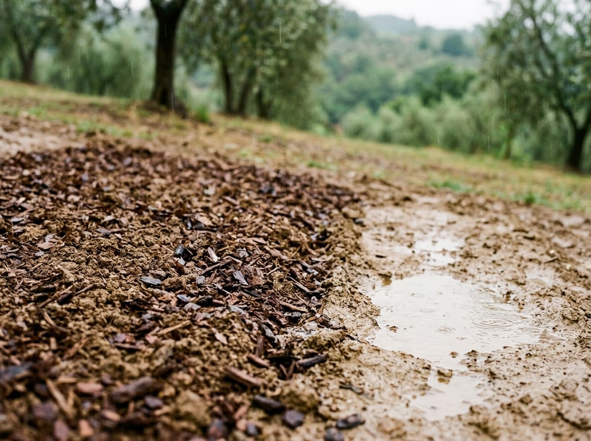 Mulched soil where the rain soaks in, next to a crusted patch with a puddle
