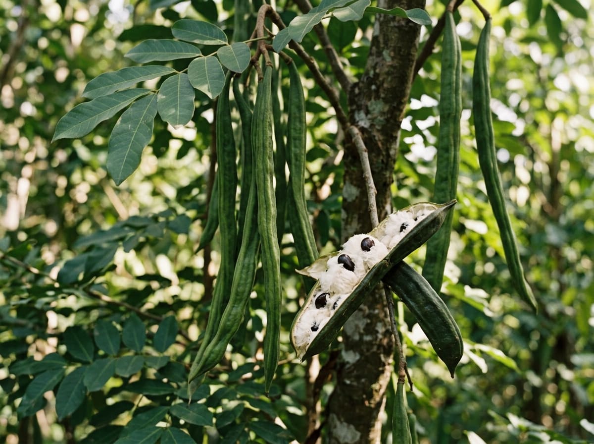 Long, narrow Inga pods on the tree, one broken open with seeds in white cottony pulp