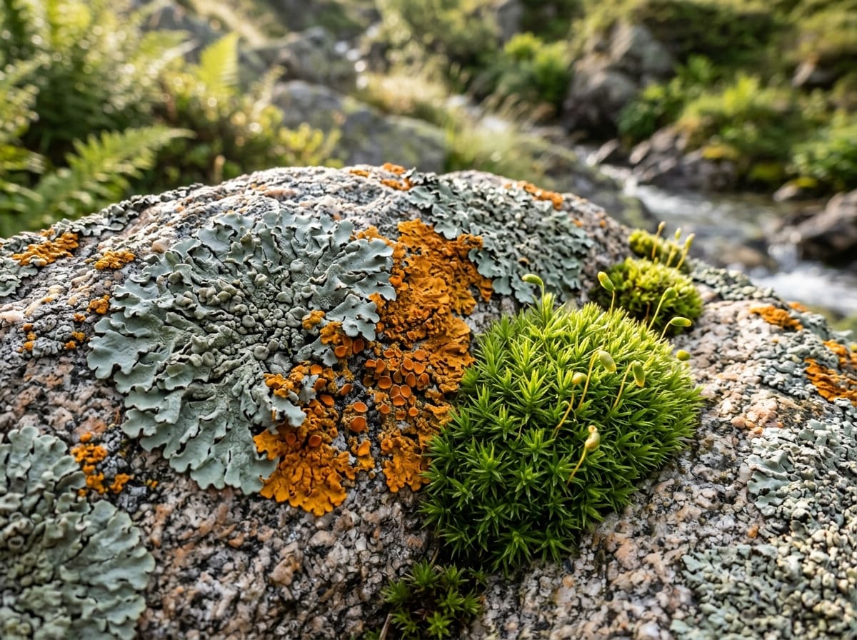 Colourful lichens and a cushion of moss on a sunlit granite rock, a close partnership of fungus and alga