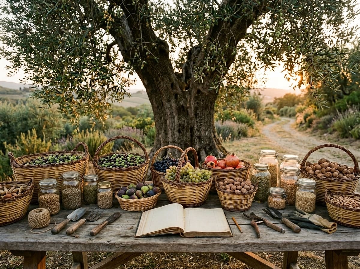 A long wooden table under an old olive tree with baskets of shared harvest, seed jars, tools and an open ledger