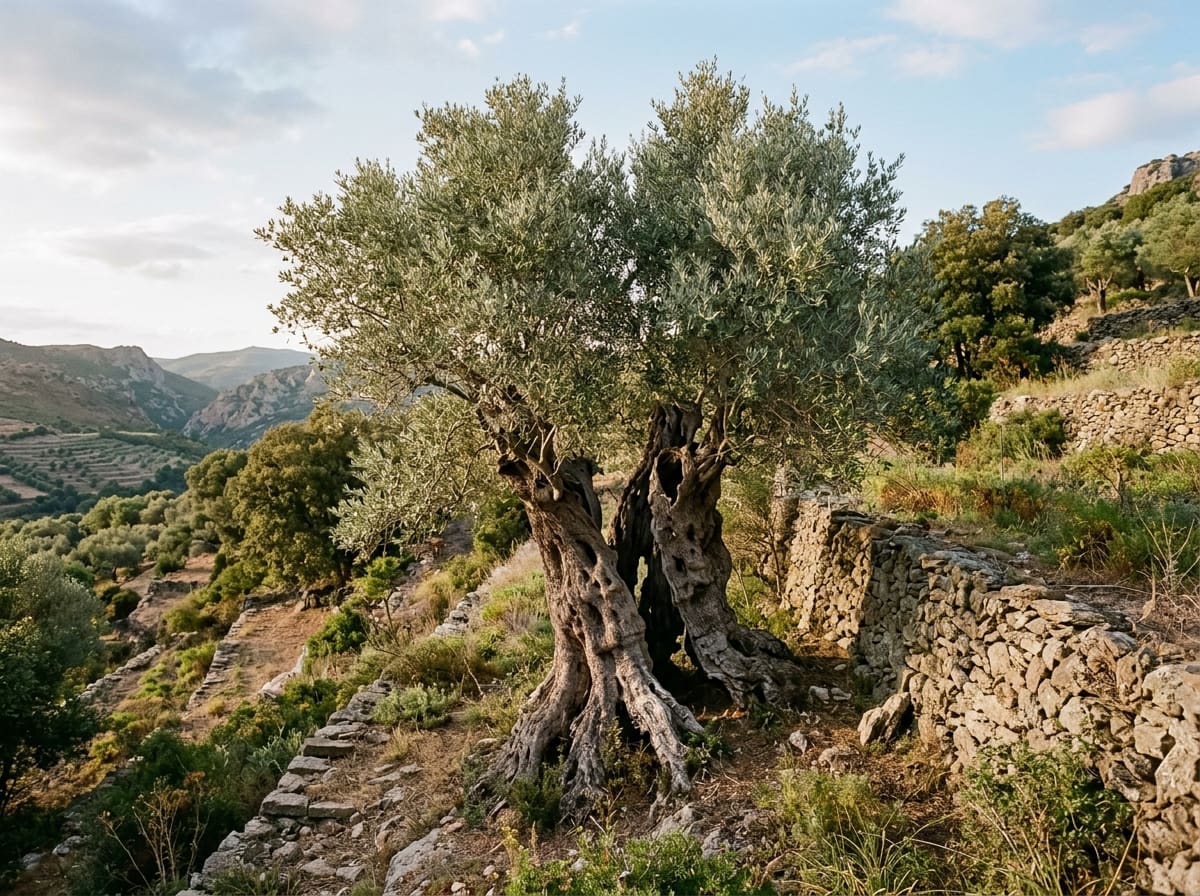 Ancient olive tree with a twisted, split trunk on a hillside