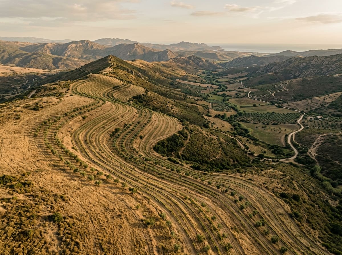 Aerial view of a slope with planting rows along the contours