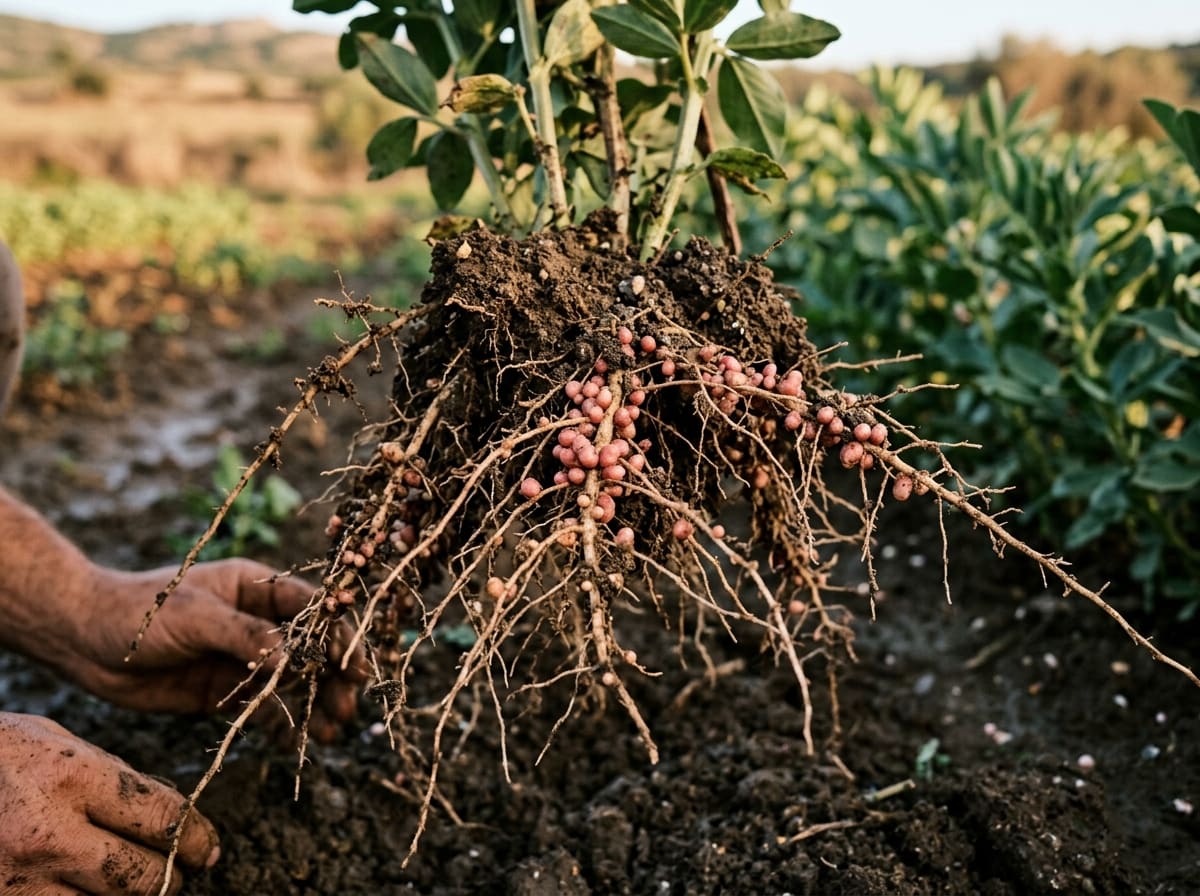 Fava bean roots with pink-red root nodules