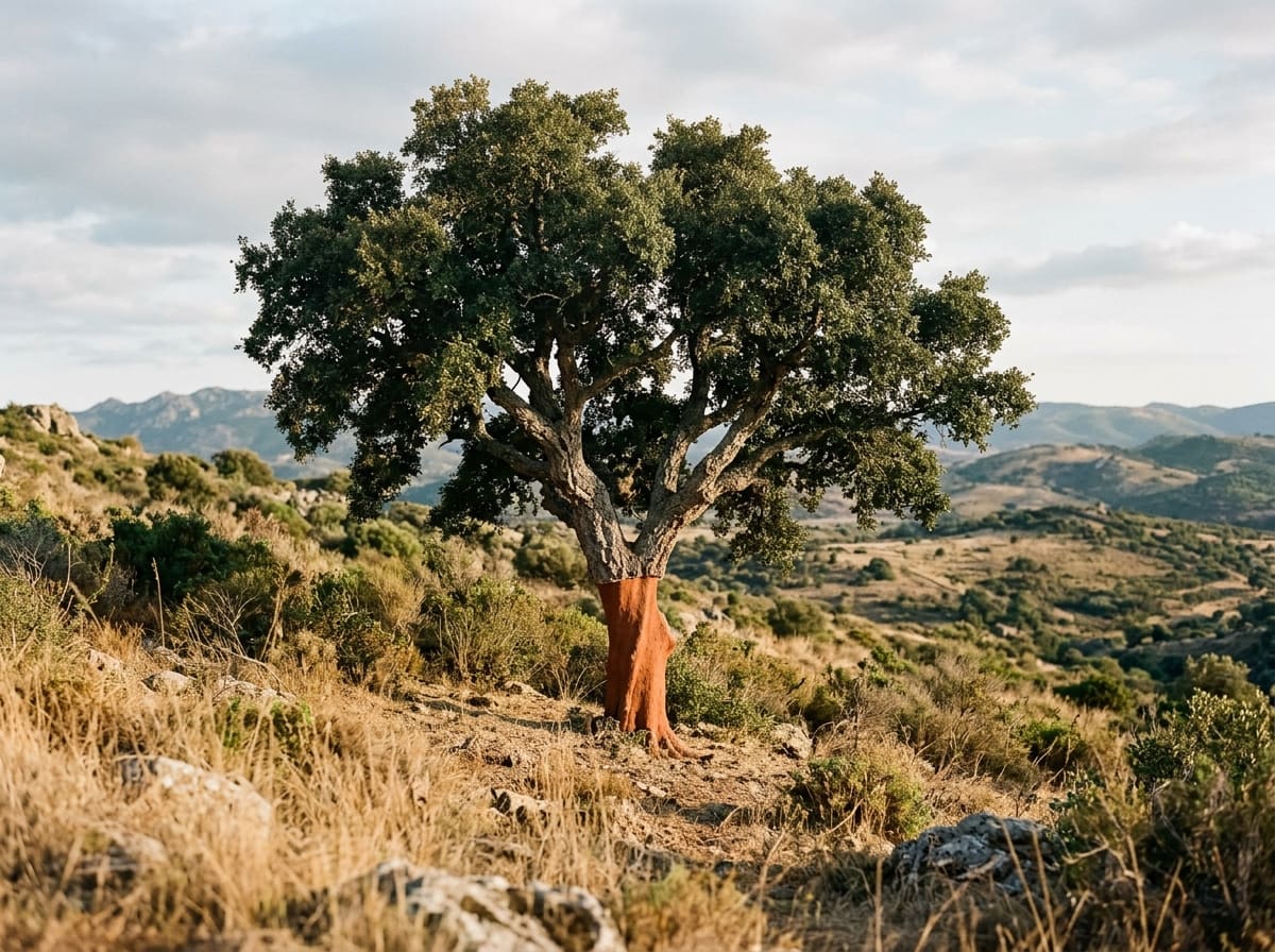 Cork oak with a freshly stripped, reddish-brown trunk on a dry hillside