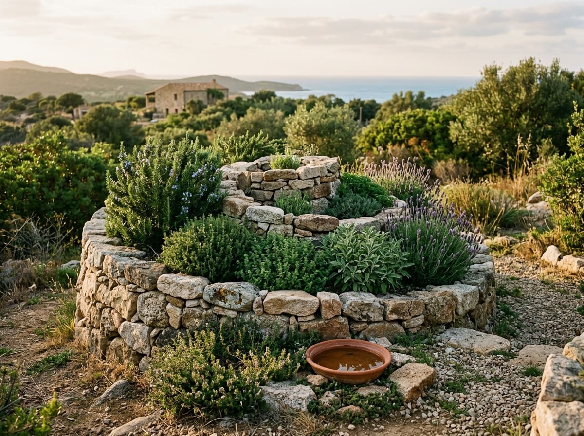 Herb spiral of stones with rosemary, thyme, sage and lavender