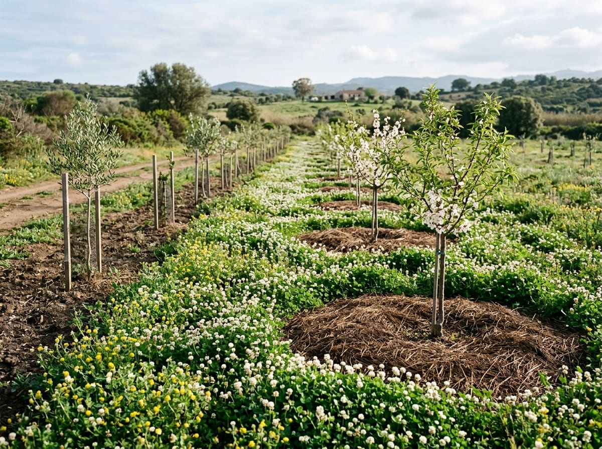 Young fruit trees, each in a circle of straw mulch, with flowering white clover and medics in between