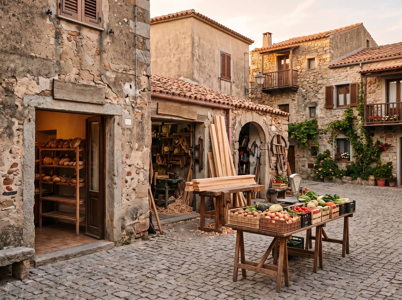 Ein Dorfplatz im Inneren Sardiniens im Abendlicht, eine offene Bäckerei mit Brot auf Holzregalen, eine Tischlerwerkstatt mit frischen Brettern und ein Markttisch mit Gemüsekisten