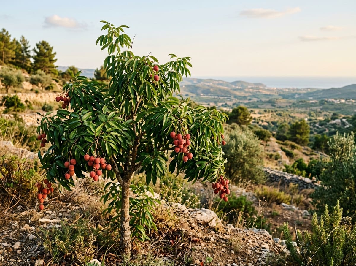 Young lychee tree with glossy leaves and clusters of red fruit on a Mediterranean slope
