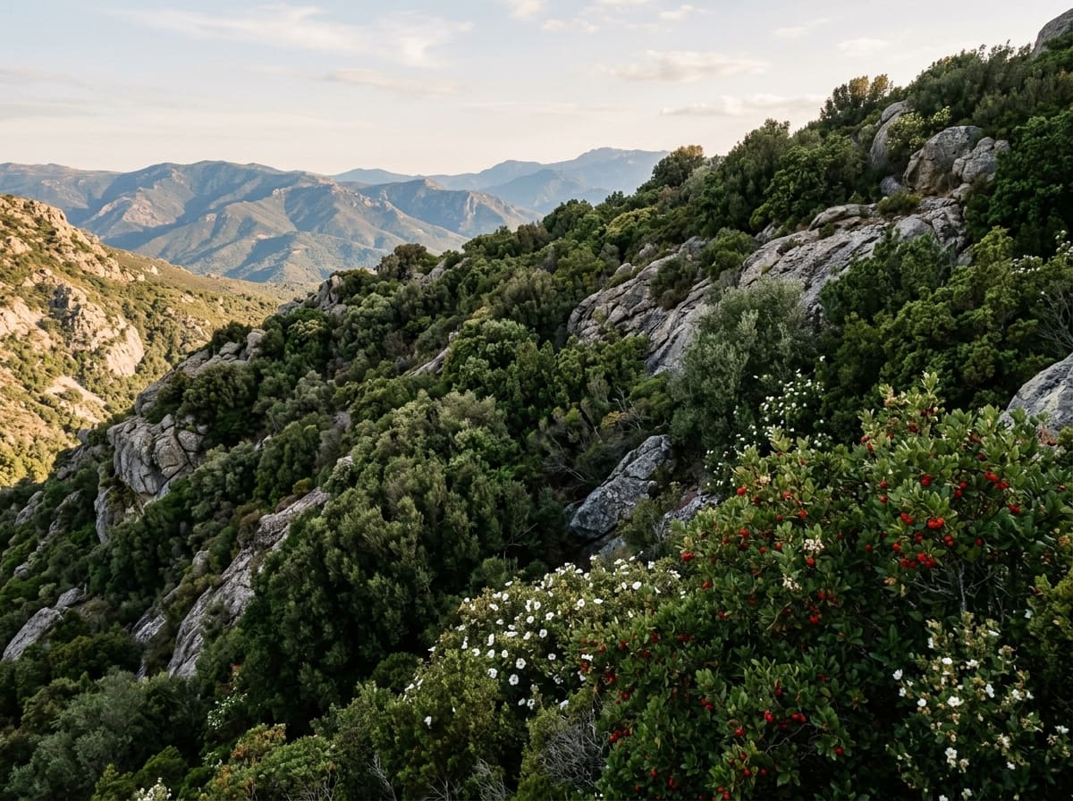 Dense maquis with mastic, myrtle, strawberry tree and rockrose on a rocky slope