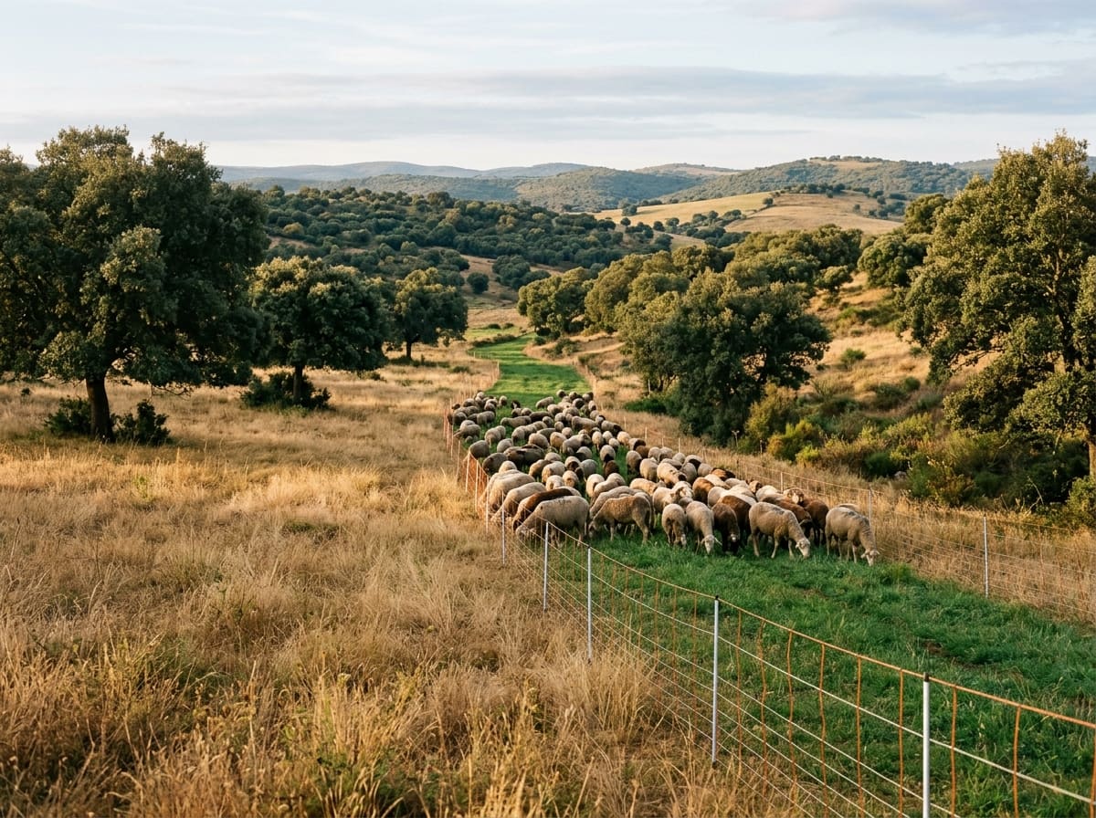 Sheep graze a narrow green strip between holm oaks, beside rested golden grass behind a movable fence
