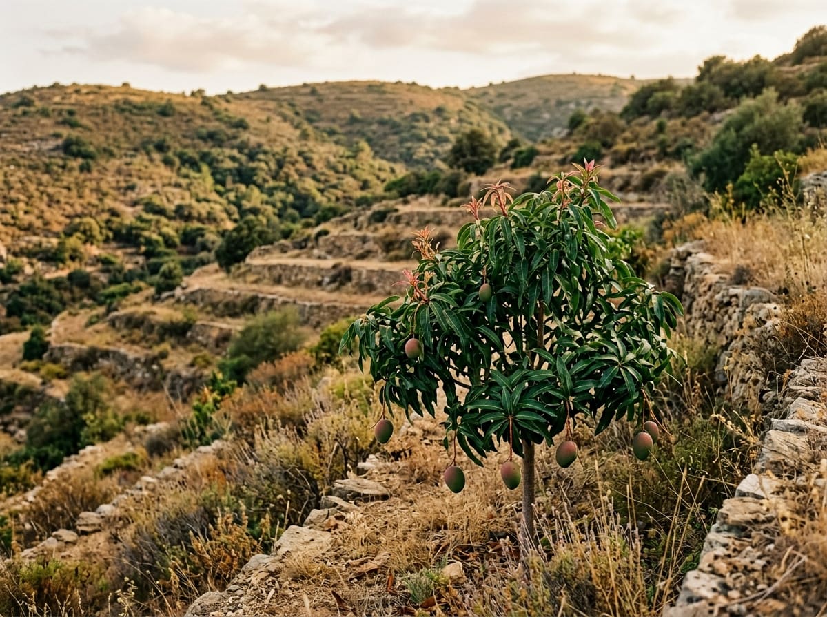 Young mango tree with red flower panicles and hanging fruit on a Mediterranean slope