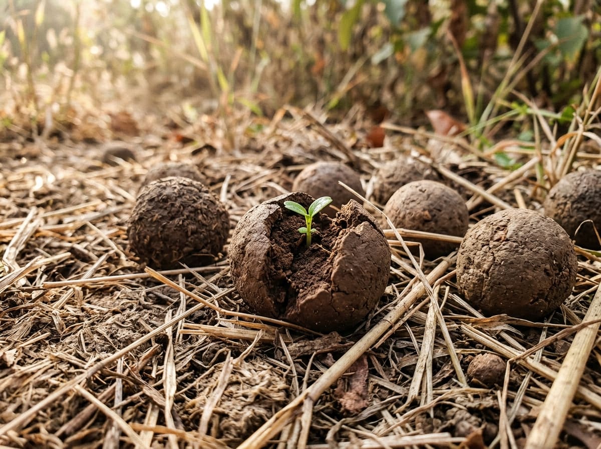 Clay seed balls on dry ground, one of them sprouting