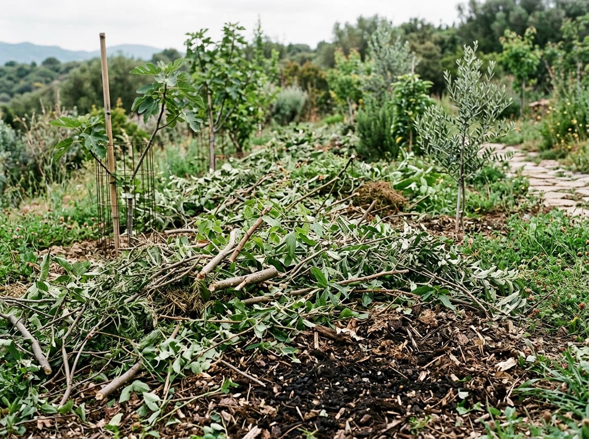 Freshly pruned branches and leaves lie as a thick mulch layer between young fruit trees, older mulch breaking down into dark soil beneath