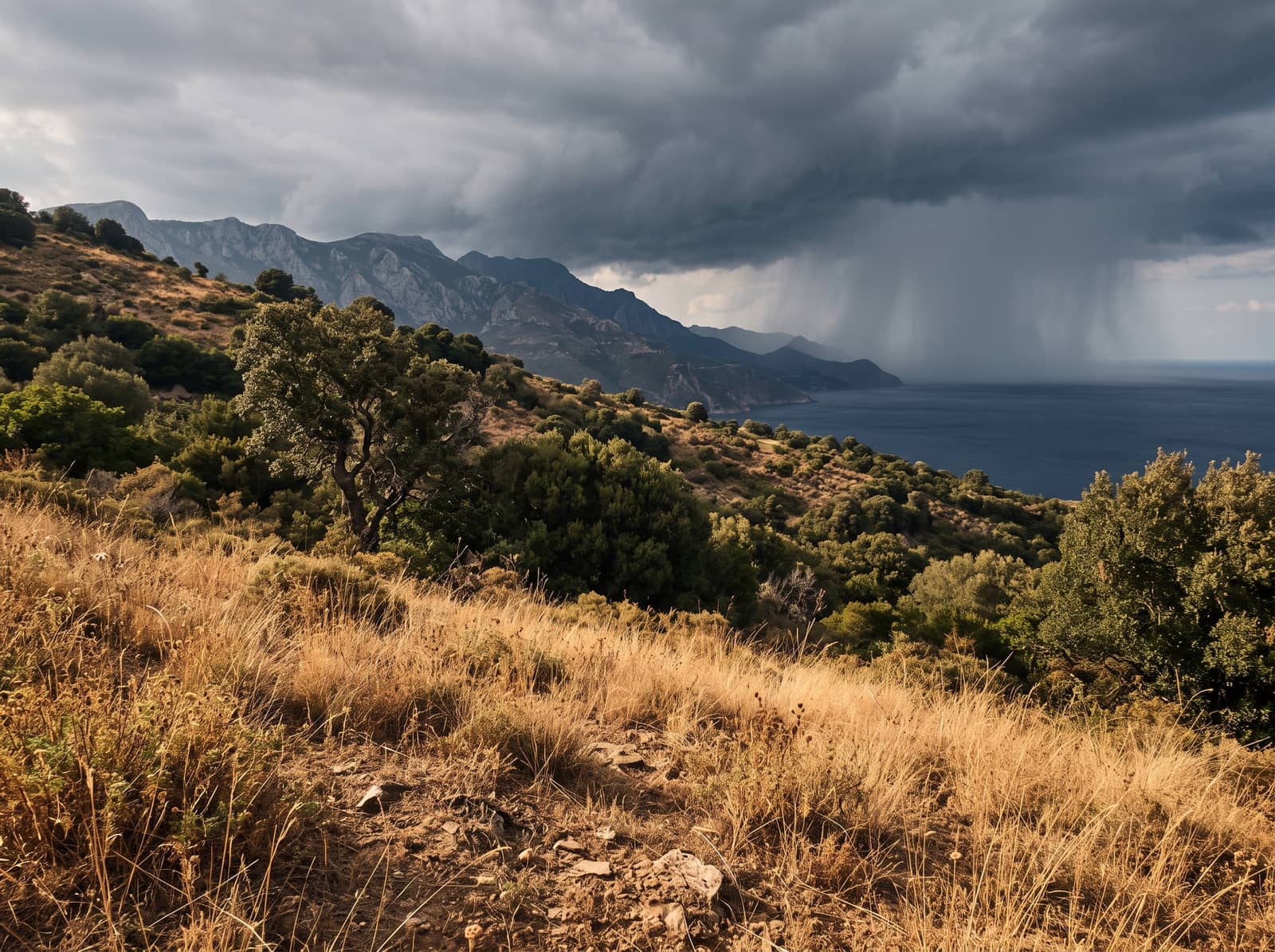 Mediterranean coast in late September, golden dry summer grass and evergreen macchia with a holm oak on the slope, a dark thunderstorm cloud over the mountains and the sea with the first rain falling