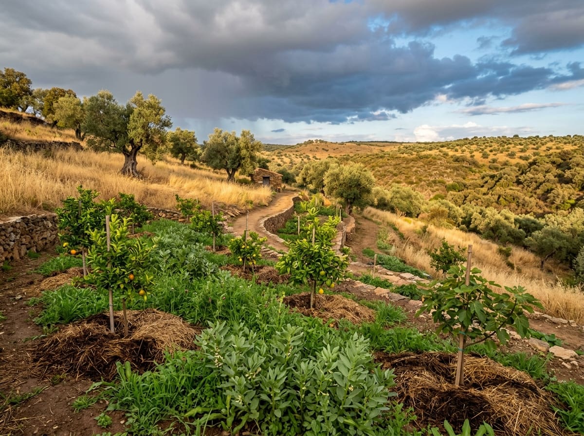 A Mediterranean food garden on a slope at the turn of the seasons: green fava beans and young citrus and fig trees in mulch, dry golden hills and olive trees behind, rain clouds moving away