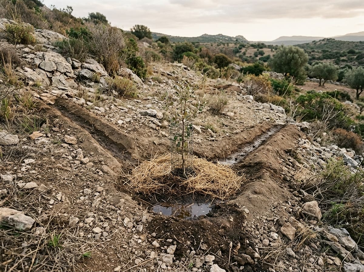 A young tree with straw mulch in a small microcatchment whose earth ridges lead rainwater to it; a little water stands at the lowest point