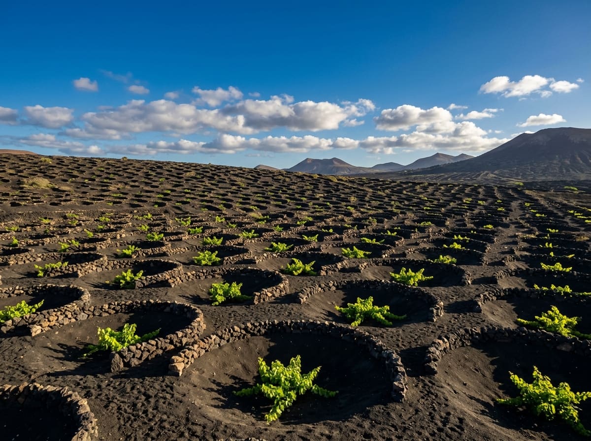 Hollows in black volcanic ash, each with a green vine inside a low ring of stones