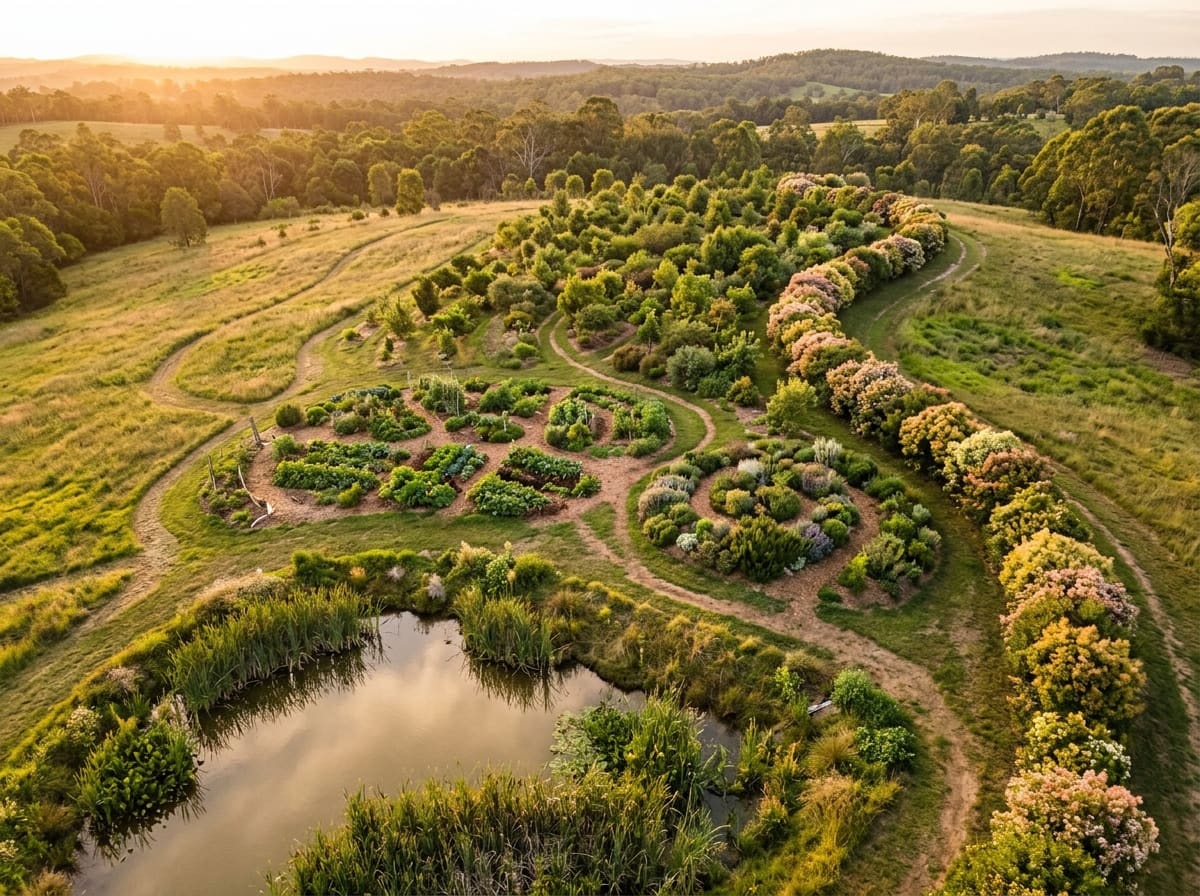 Aerial view of a small permaculture homestead with a pond, round garden beds, a flowering hedge and a young food forest linked by paths