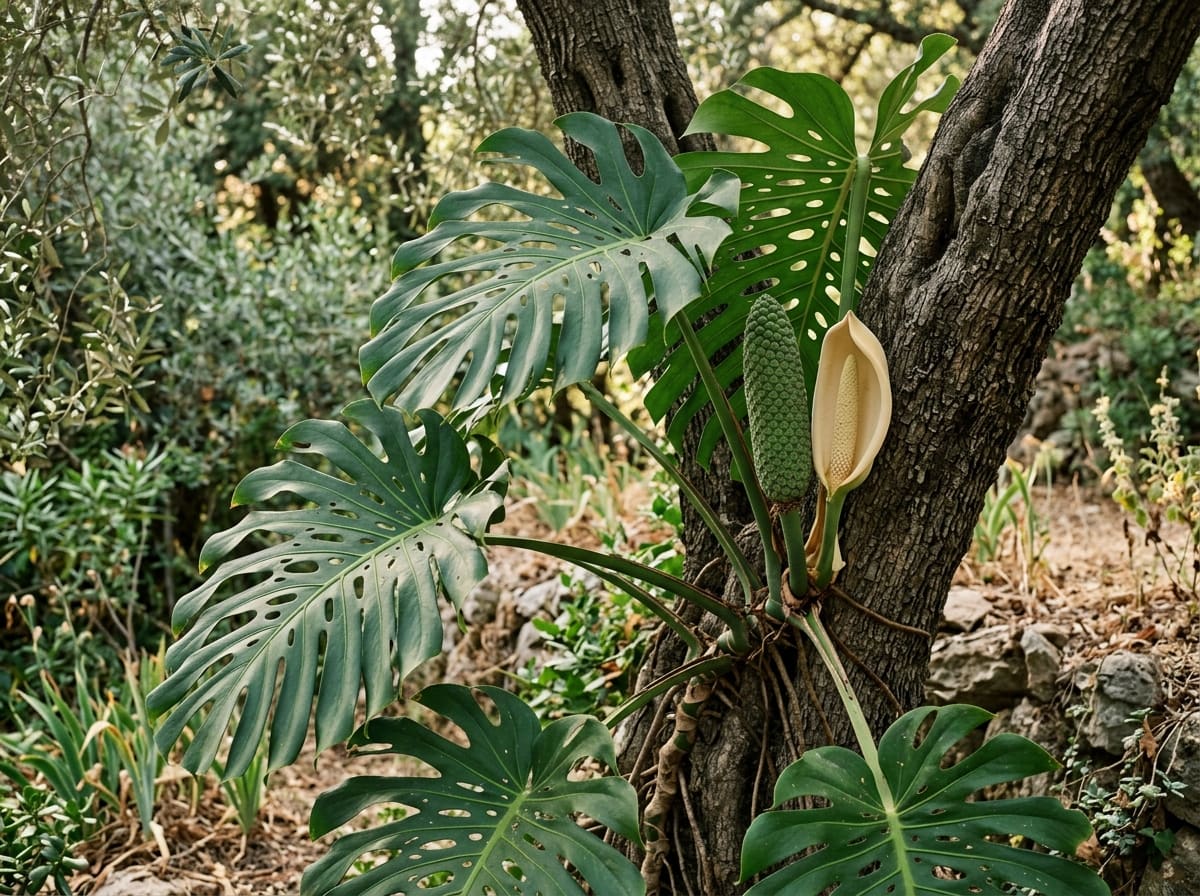 Monstera climbing a tree trunk in half shade, with split leaves and a long scaled fruit