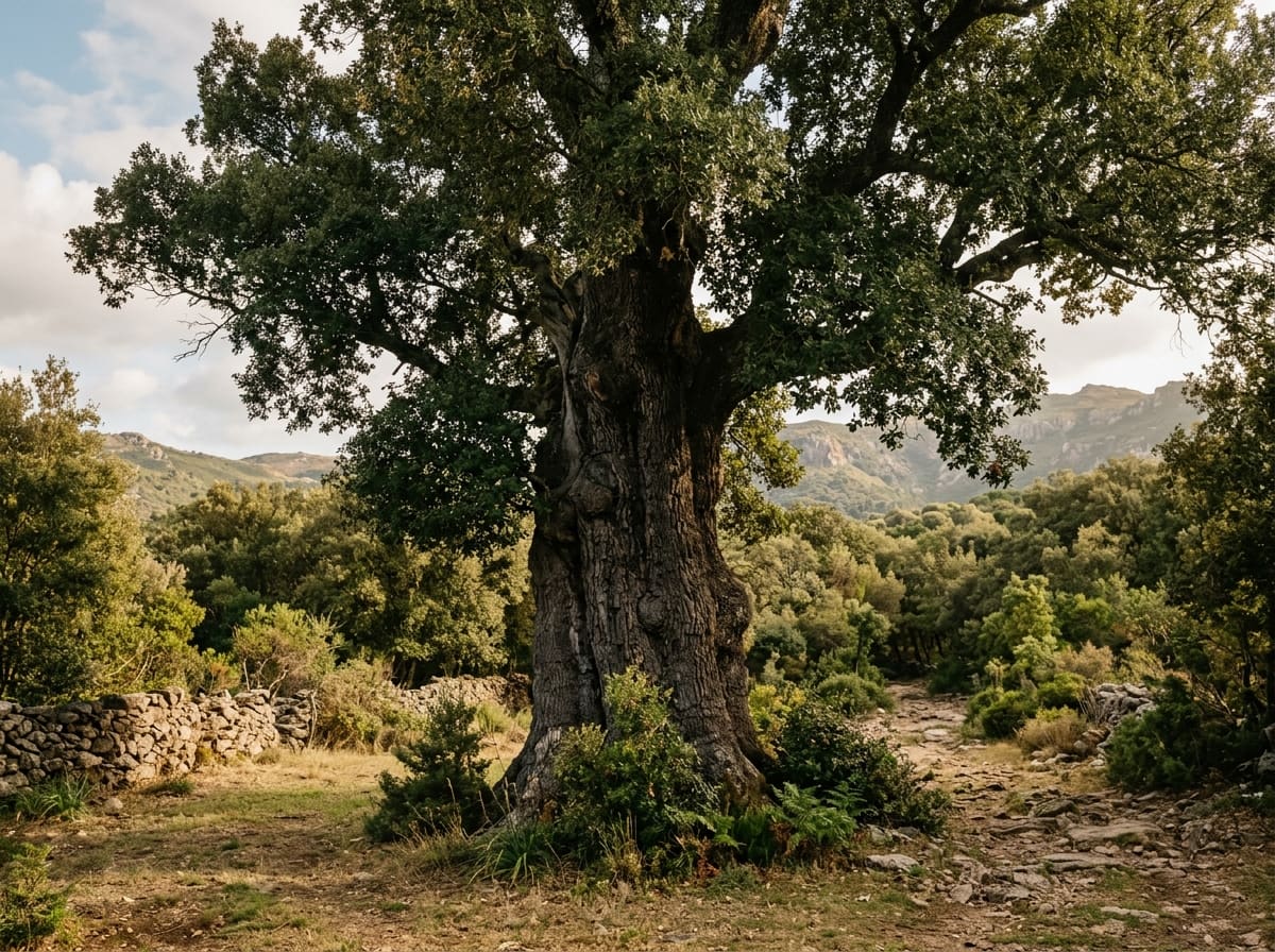 Huge ancient holm oak with a massive trunk in a clearing