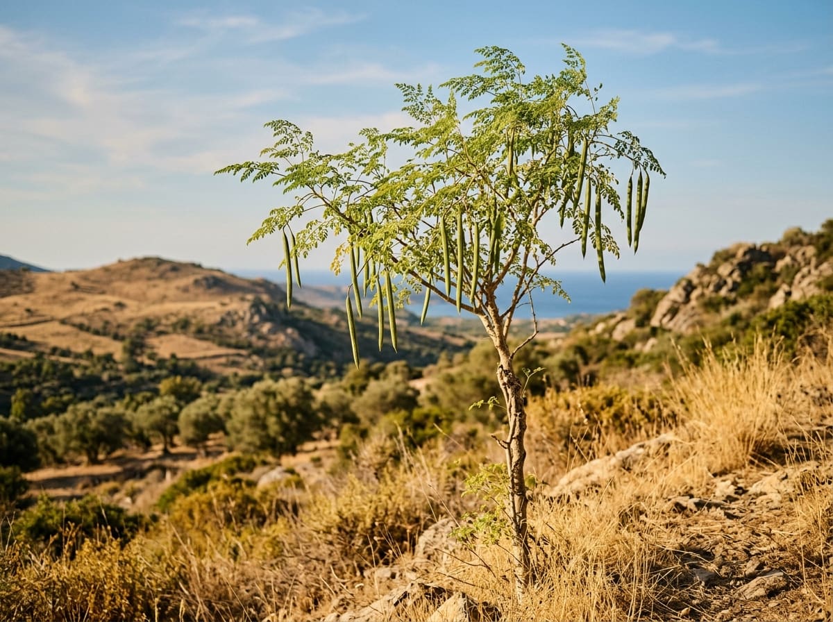 Slender moringa tree with feathery leaves and long hanging pods on a dry slope