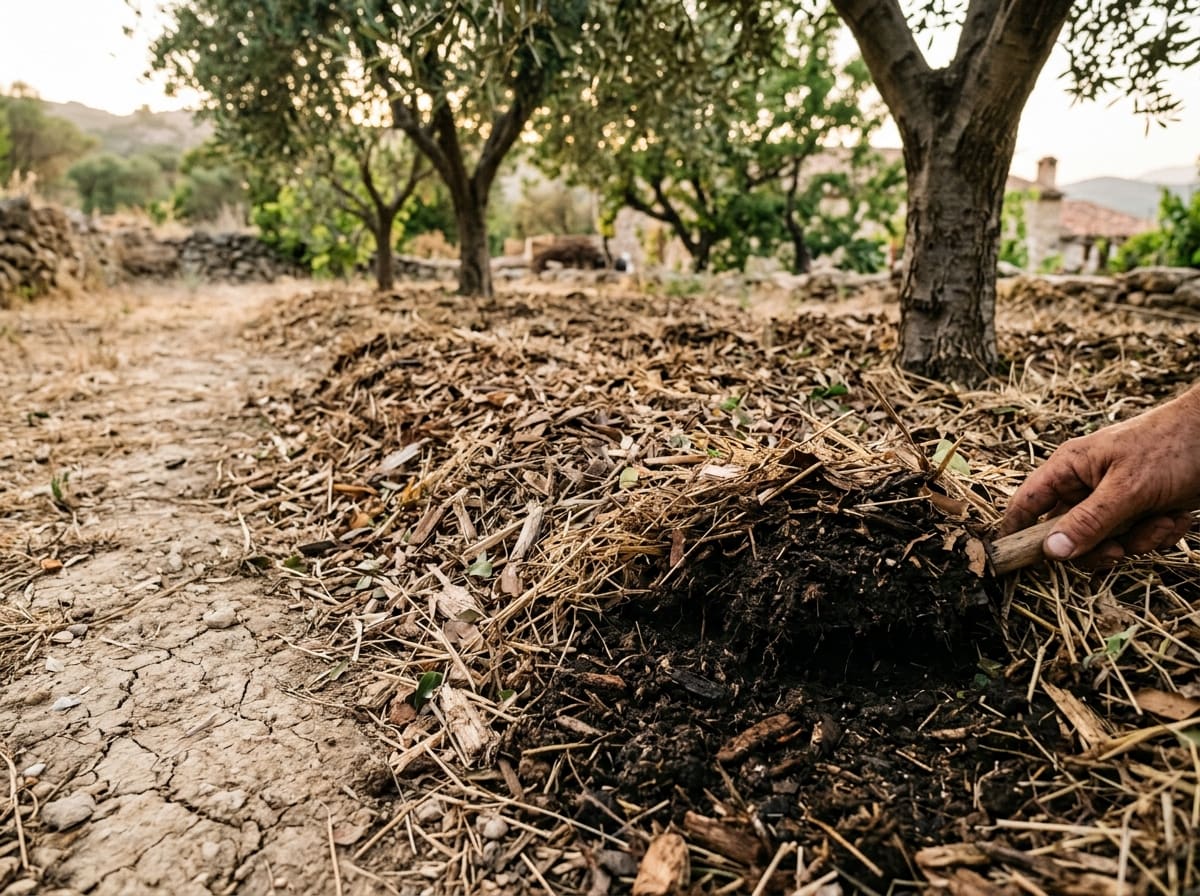 A lifted layer of straw and wood-chip mulch with moist dark soil underneath, next to a dry, cracked path