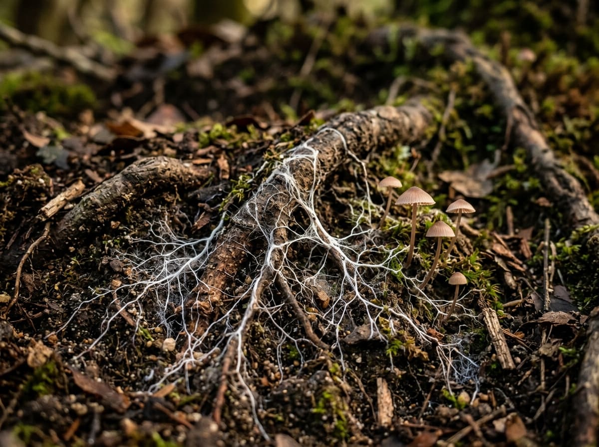 Close-up: white fungal threads wrapping fine tree roots
