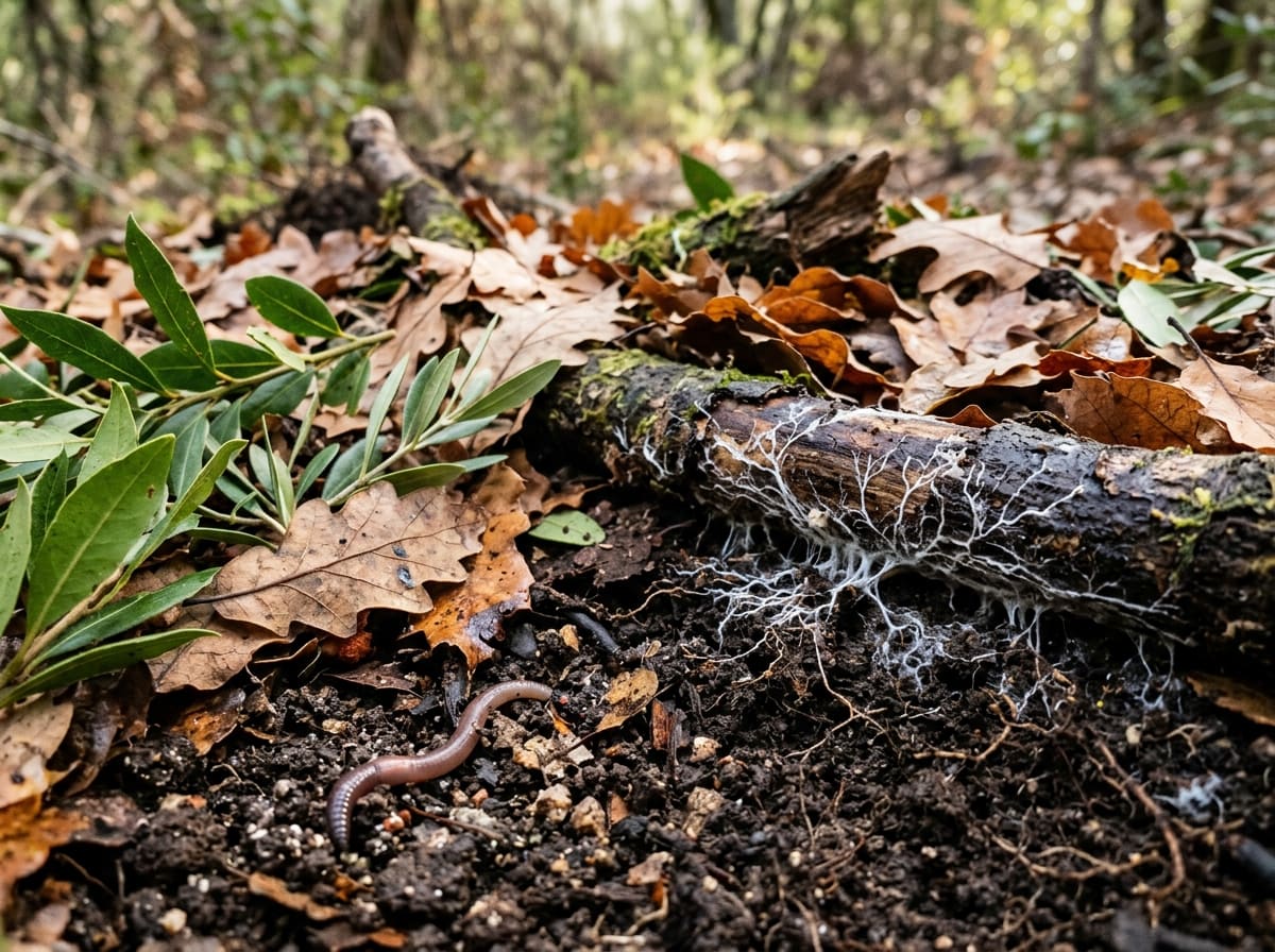 Floor of a Mediterranean forest garden: leaves, freshly cut branches and decaying wood on dark crumbly soil, fungal threads and an earthworm