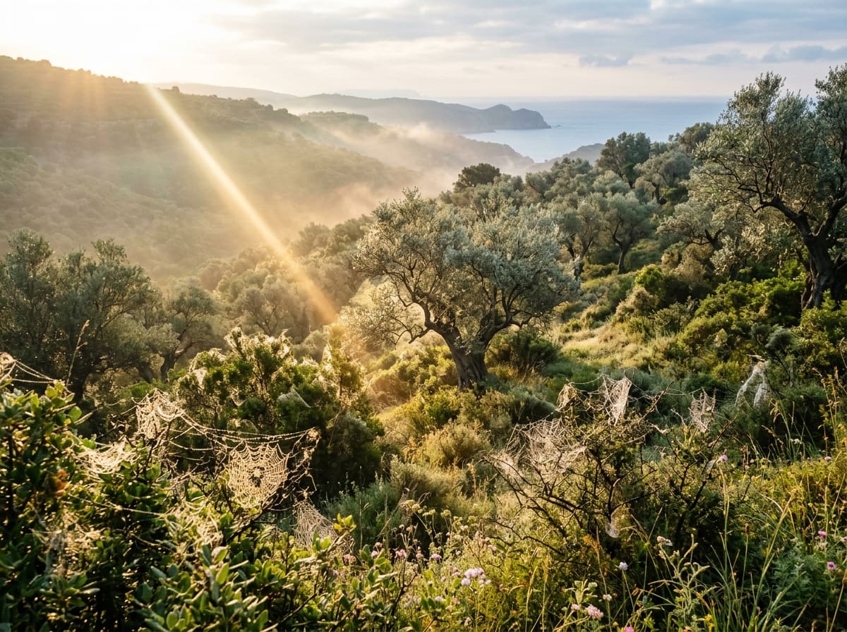 Morning mist rising over a Mediterranean slope of old olive trees and macchia, with dew sparkling in spider webs and a shaft of sunlight