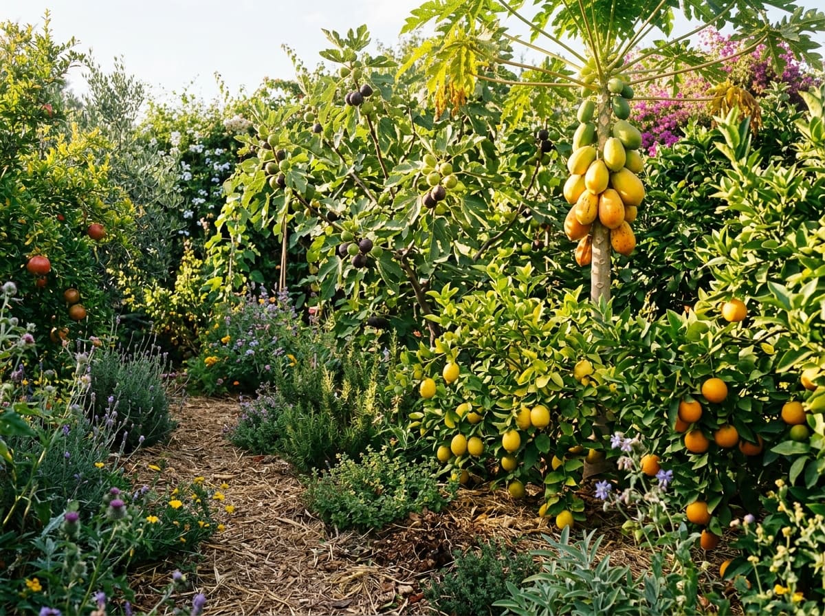 A sunlit layered food forest in late summer with ripe papayas, figs and citrus above mulched ground