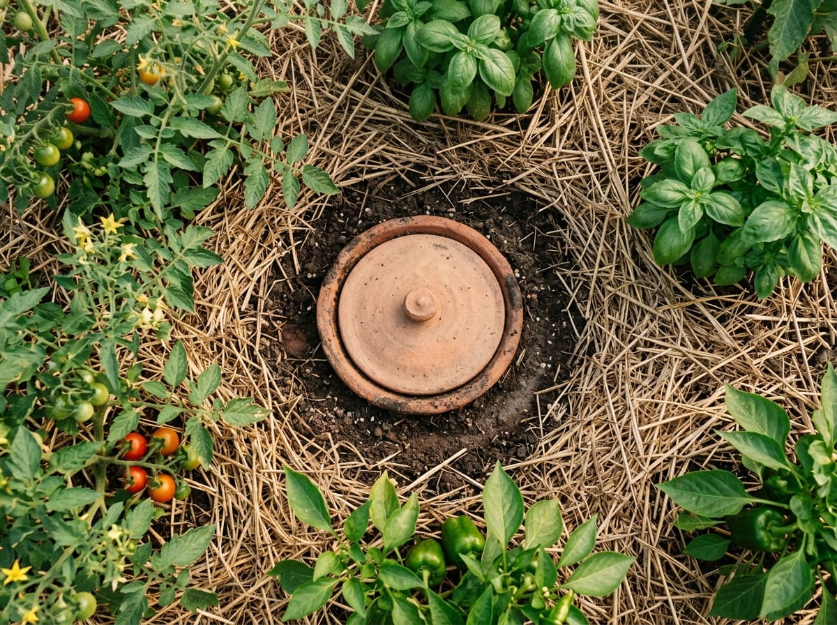 Seen from above: only the rim and clay lid of a buried olla show at ground level in a straw-mulched bed, a ring of bare dark soil around it, tomatoes, basil and peppers close by