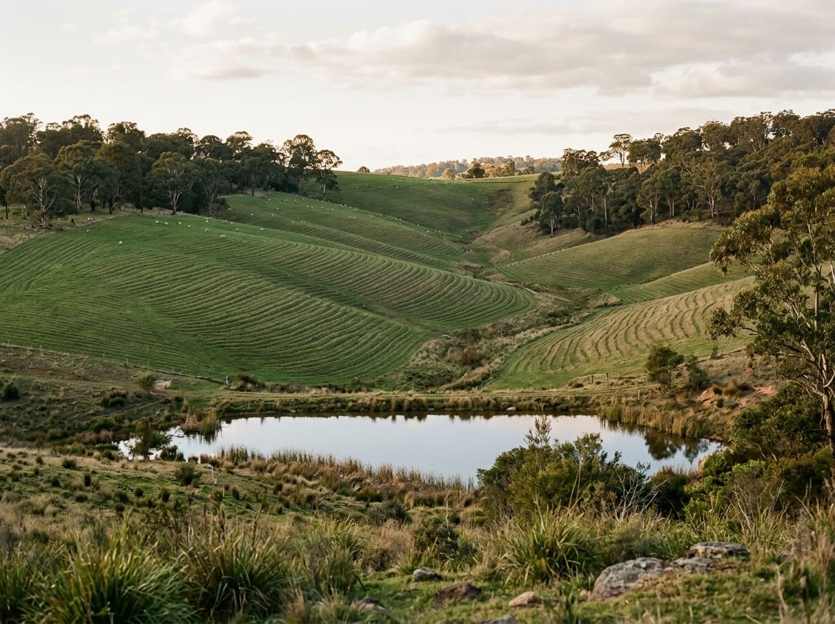 Farm dam in a valley with pasture ripped along the contours above it