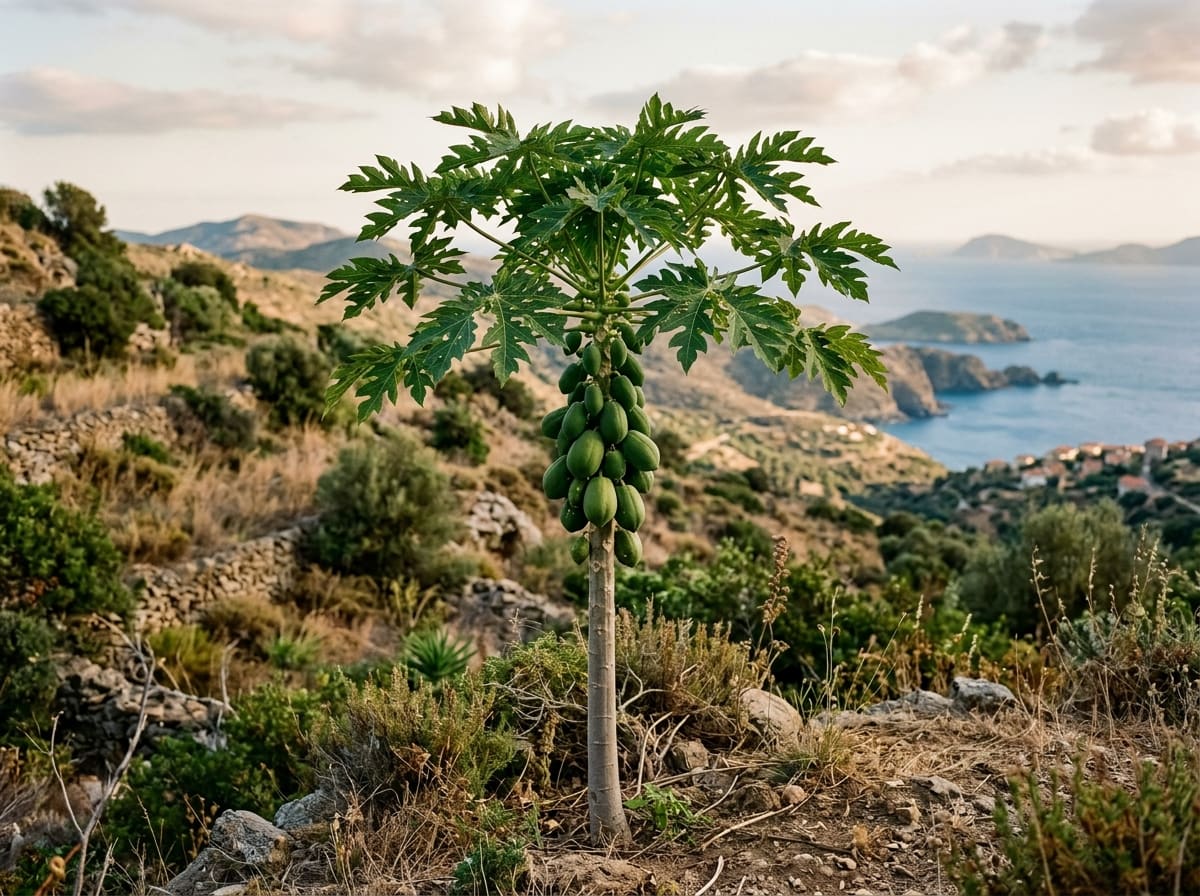 Slender papaya with a leaf crown and a dense cluster of fruit on the stem, outdoors on a sheltered slope