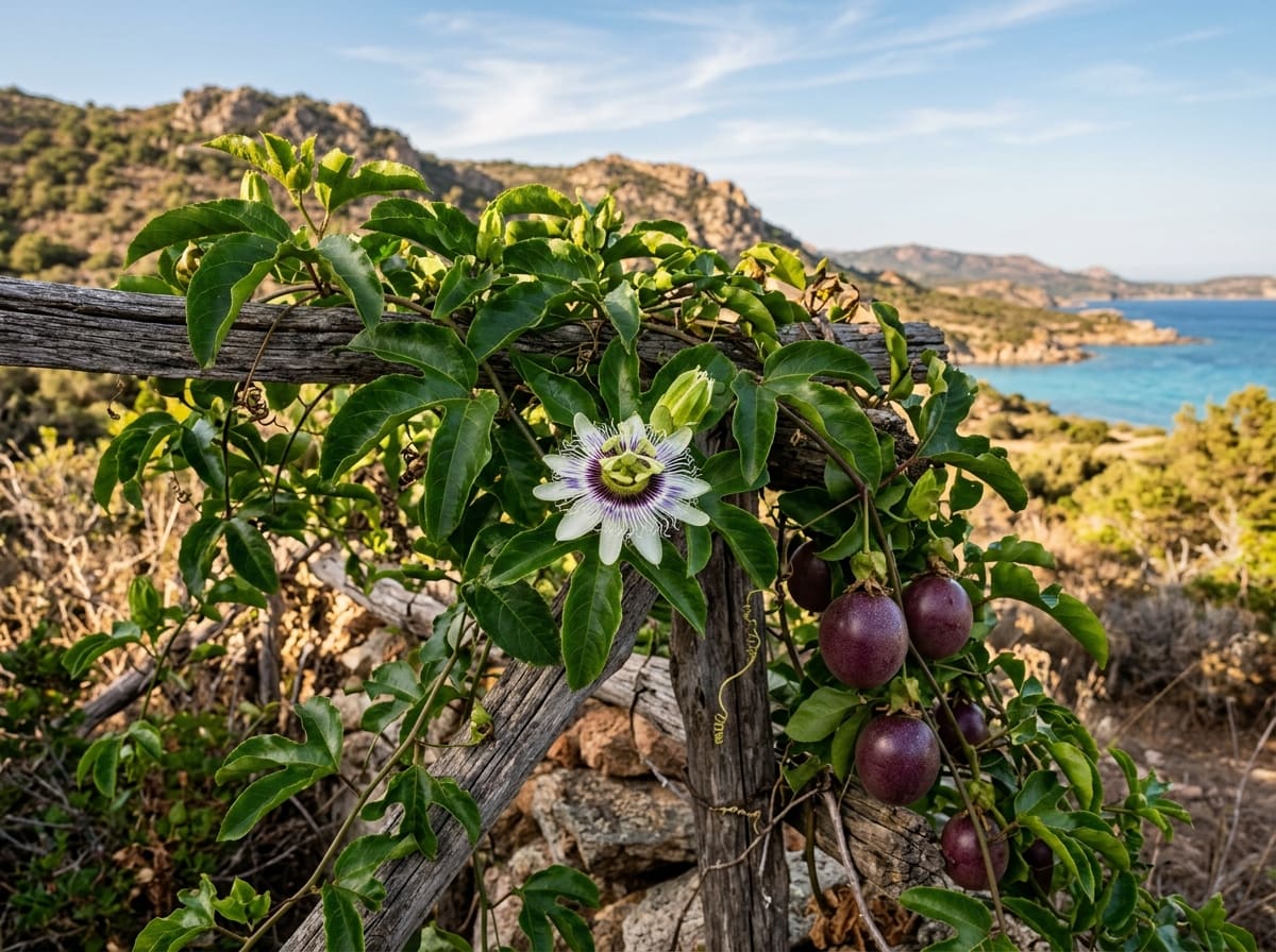 Purple passion fruit vine on a wooden trellis on a sunny slope, with a flower and ripe fruit