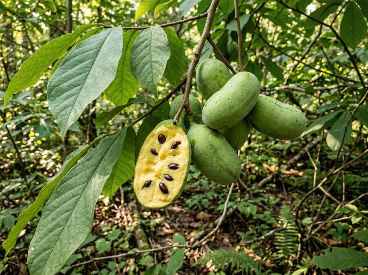 Cluster of oblong green pawpaws under large drooping leaves, one opened to show yellow flesh