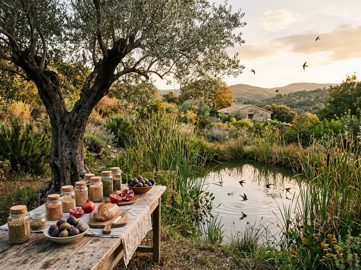 Mediterranean hillside garden in evening light with an old olive tree, a small pond and a wooden table full of figs, pomegranates, bread and jars of seed
