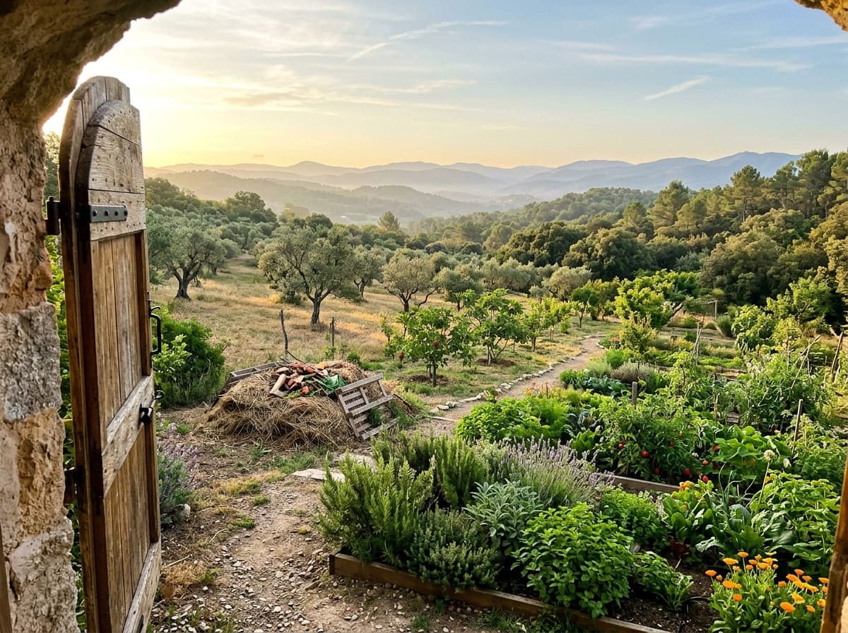 View from an open stone doorway across a hillside garden: herb beds close by, fruit trees and compost beyond, then olive grove, woodland and wild hills