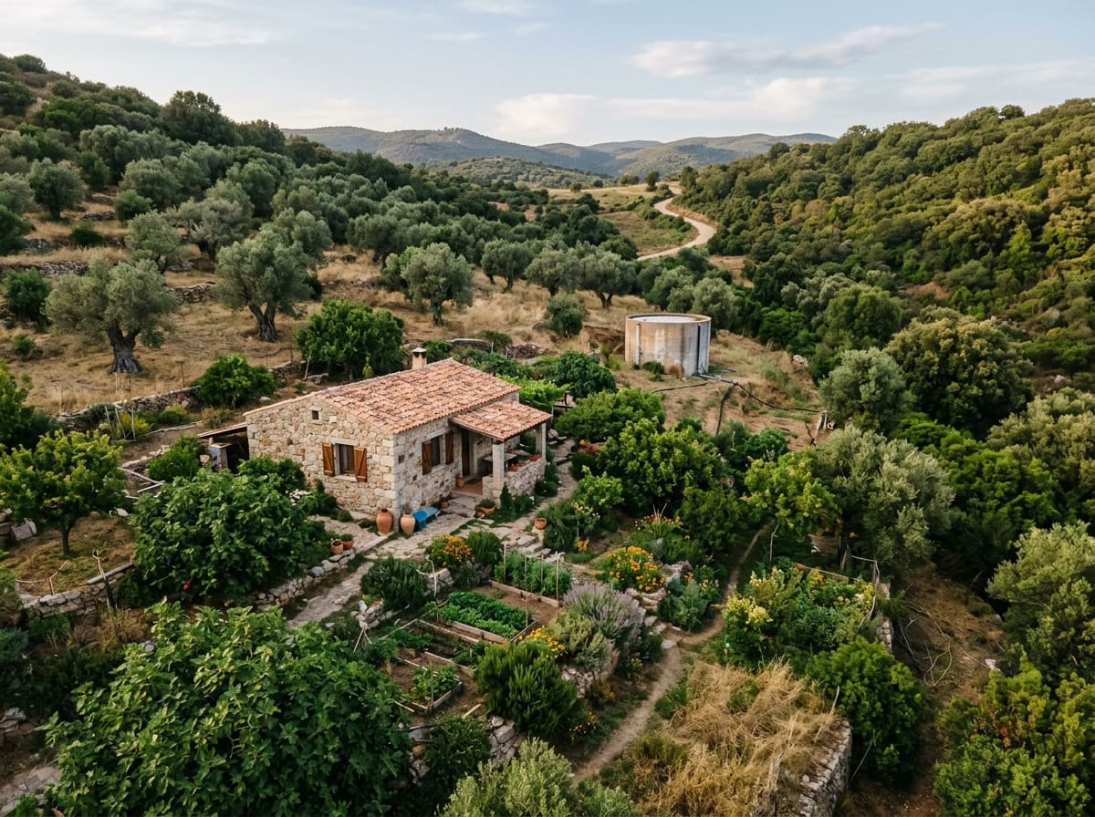 Hillside homestead with beds by the house, fruit trees, olive grove and wild edge