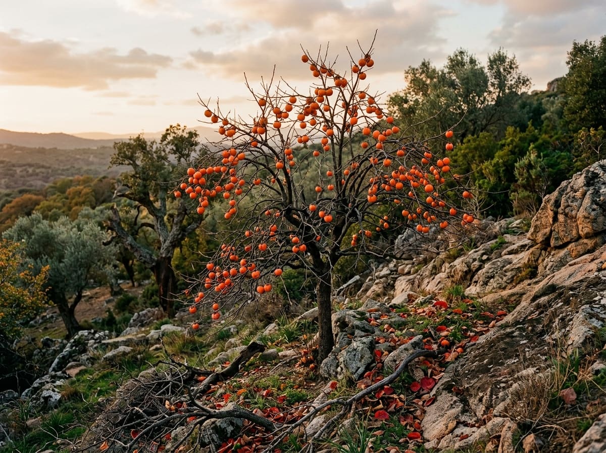 Bare persimmon tree in late autumn with glowing orange fruit on leafless branches