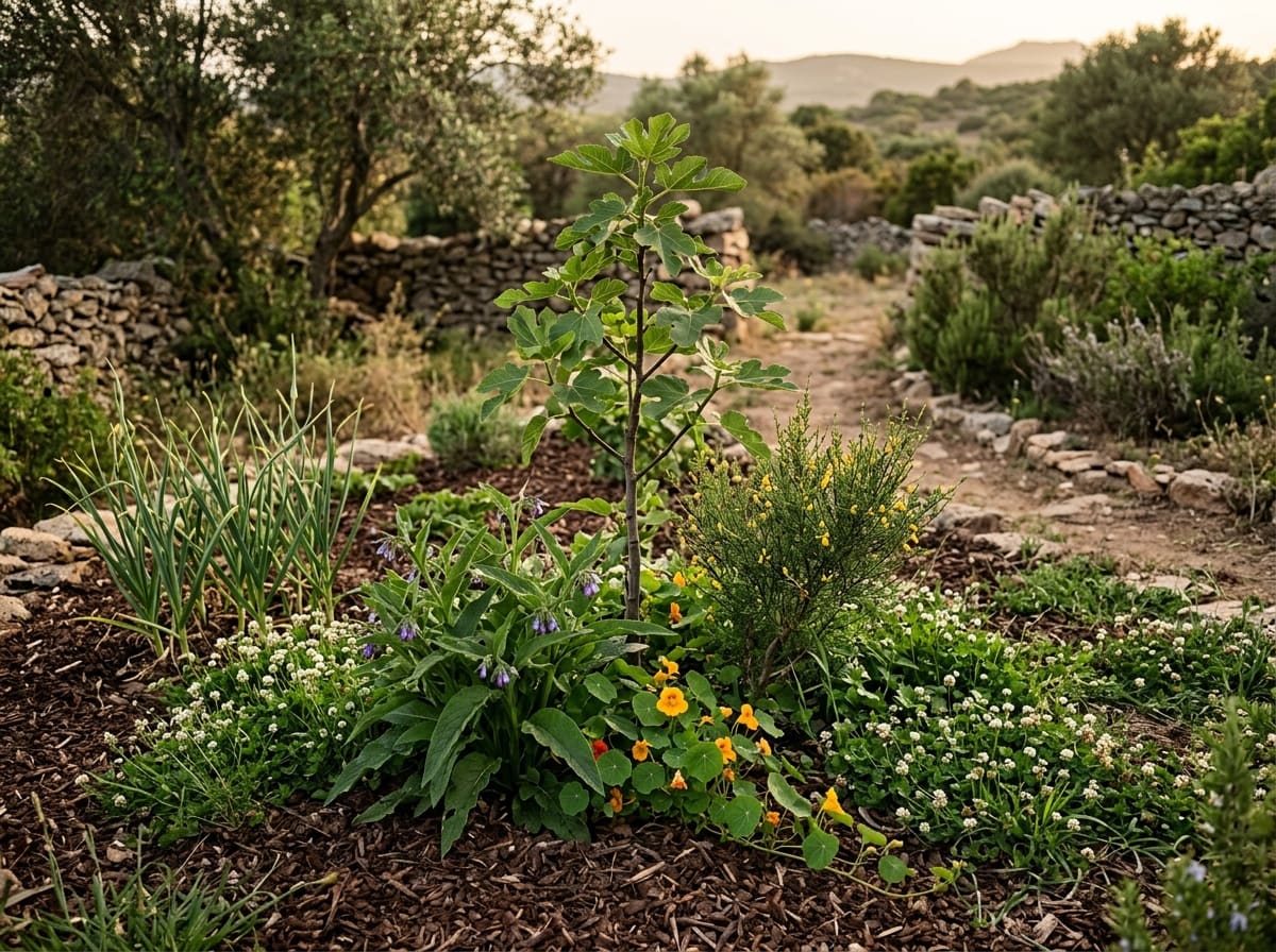 Young fig tree with companion plants on mulched soil